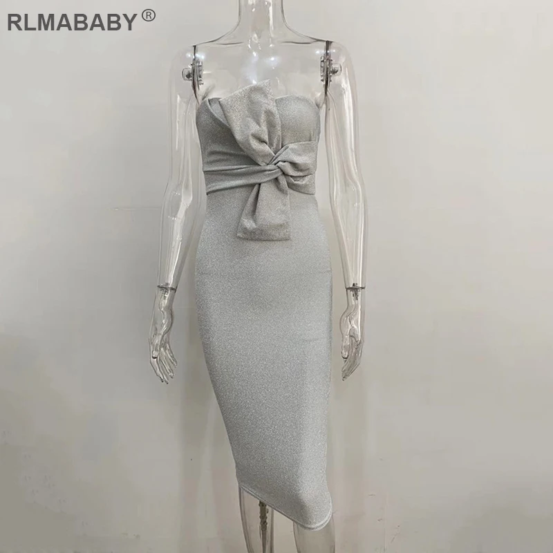 White Rlmaaby, 7 цветов, блестящее, элегантное, Бандажное, с бантом, вечерние, без бретелек, с открытой спиной, облегающее, миди, платье, сексуальное, для женщин, Осень-зима, платье - Цвет: White
