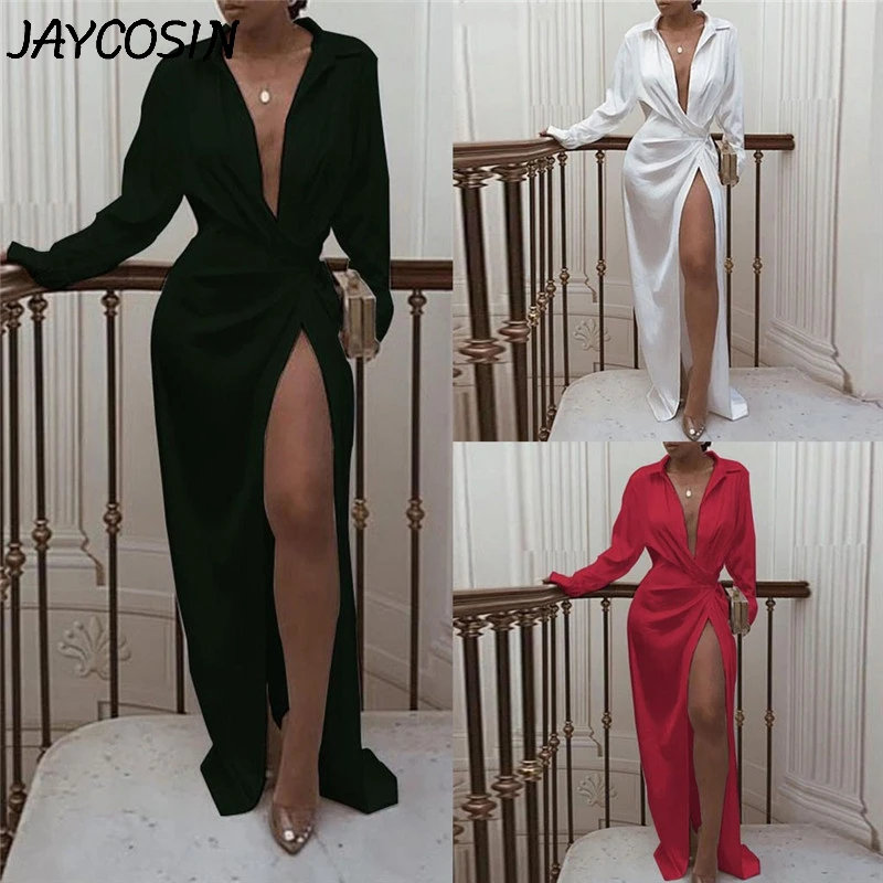 

JAYCOSIN Women Dress Solid Wrap Ruched Long Sleeve Deep V-Neck Split Dress Elegant Nightclub Split Sexy Mini Dresses Vestidos
