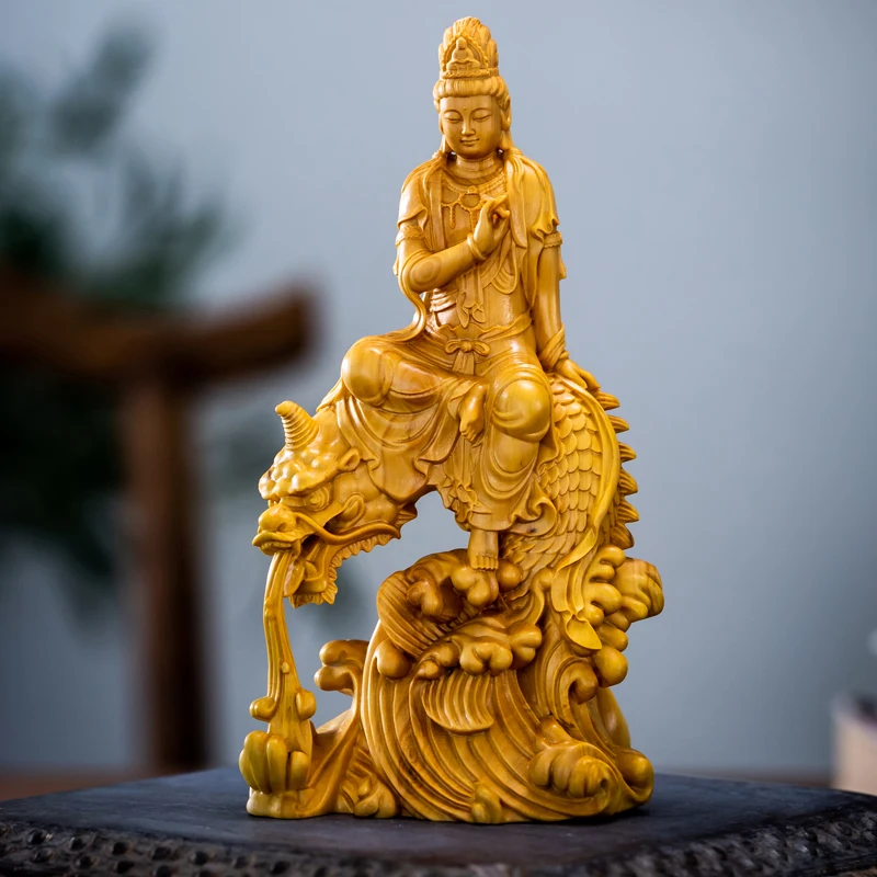 Boxwood 15 см Guan Yin скульптура Деревянная статуя Будды Дракон Гуаньинь бохисаттва молитва фэн шуй домашний