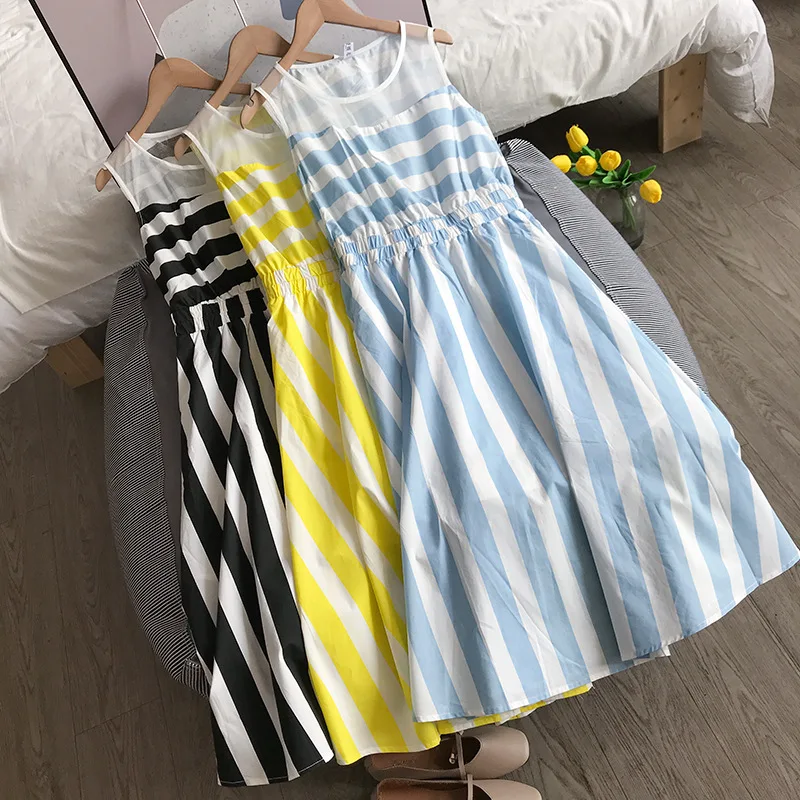 

Stock WOMEN'S Dress Overstock 2019 Korean-style Crew Neck Slimming Sleeveless Dress Women's Stripes Pullover 11.28