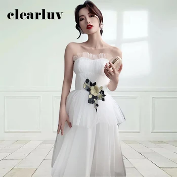

Appliques A-Line Robe De Soiree DR439 White Crepe Formal Banquet Dresses Boat Neck Sleeveless Evening Dress Tea-Length Gowns