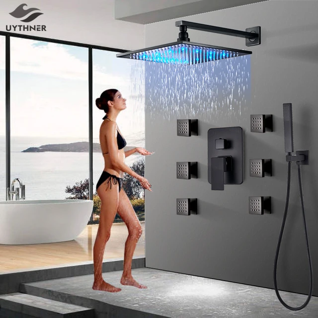 Grifo de baño negro mate, cabezal de ducha grande de lluvia, LED, montado  en la pared