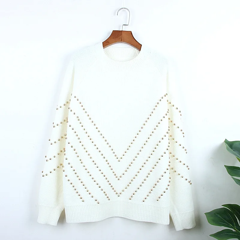 

2019 Autumn Winter women Pullovers O-neck White Loose Outwear Luxury Beading Casual Knitted Sweater High Quality Pullover Mujer