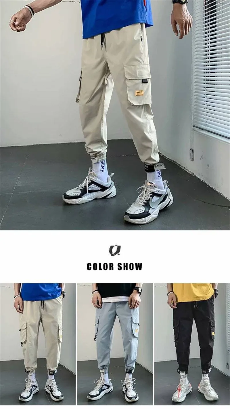 3XL Men Multi-pocket Elastic Waist Design Harem Pant Street Punk Hip Hop Black Casual Trousers Joggers Male Kahaki Cargo Pants