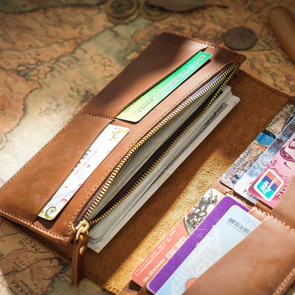 Men's Long Wallet Genuine Leather Travel Business Retro Wallets Casual Solid Card Holder Cowhide Zipper Design