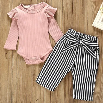 

Girls Cotton Jumpsuit with Flying Sleeves Long Sleeves Black Striped Belt Trousers S7JN