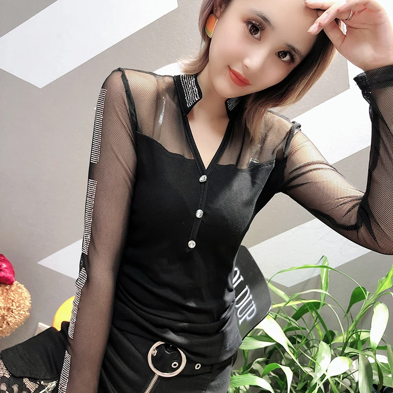 Black tshirt Модная Лоскутная сетчатая Сексуальная кнопка в виде бриллианта футболка Европейская Новинка Осень Зима Женский Топ с длинным рукавом Camiseta Mujer T98507 - Цвет: Black tshirt