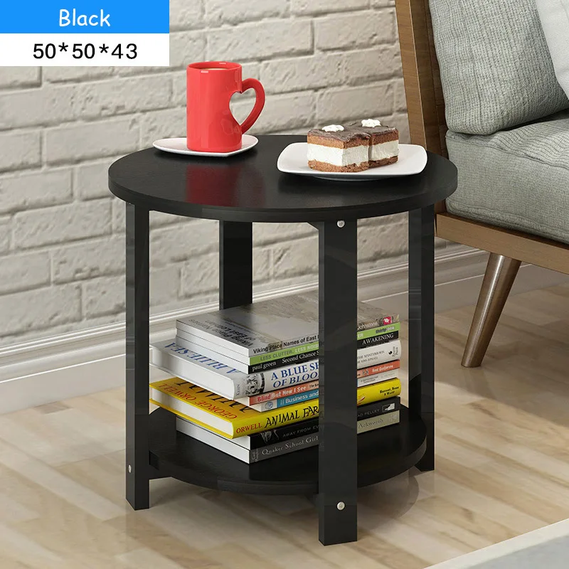 Wooden Coffee Table Marble Texture Simple Smart 2 Layers Round Sofa Side Tea Table for Living Room Bedroom Furniture - Цвет: Black 50cm