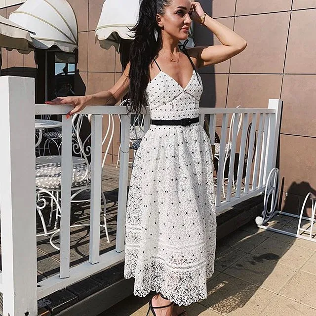 

Boutique Monochrome Floral Guipure Lace Embroidery Belted Dress Ivory Mesh Polka Dot Bead Embellished Slip Ballet Midi Dress