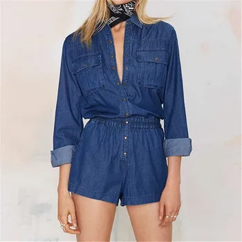 

Spring Autumn Western Style Solid Color Long Sleeve XS SML XL XXL Tunic Woman Casual Lapel Shorts Jumpsuits Lady Playsuits