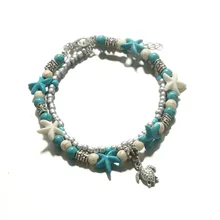 Многослойные украшения для ног в европейском и американском стиле, морская звезда, пляжные черепахи, черепаха, бирюзовая подвеска, браслет ручной работы с бисером