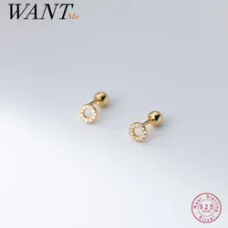 WANTME 925 Sterling Silver Round Hollow Pave Zircon Thread Beads Small Stud Earrings for Women Fashion Party Piercing Jewelry