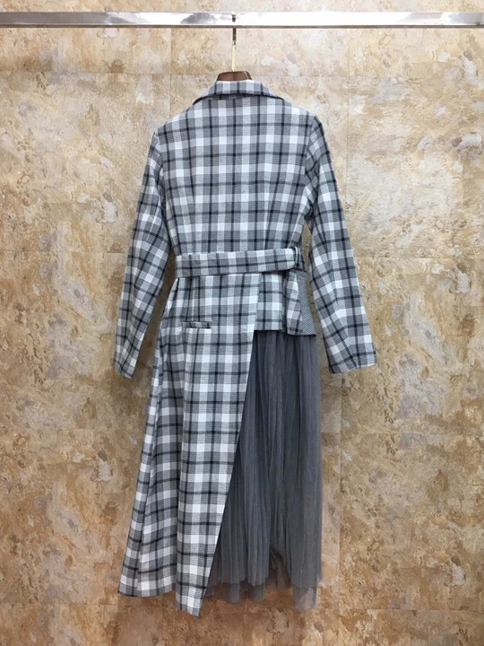 Early Autumn New Women's Dress with Belt and Lattice Stitching Mesh Decorative Long Sleeve Dress 918