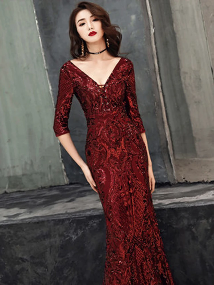 Вечернее платье, пикантное, с глубоким v-образным вырезом, женское вечернее платье с блестками, вечернее платье с рукавом три четверти F118