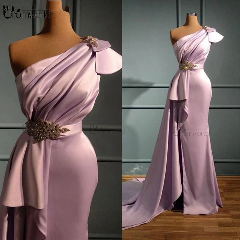 

New Real Prom Dresses Muslim Evening Gowns Long Satin Rhinestone Arabic Mermaid One Shoulder Dubai Formal Dress Vestidos