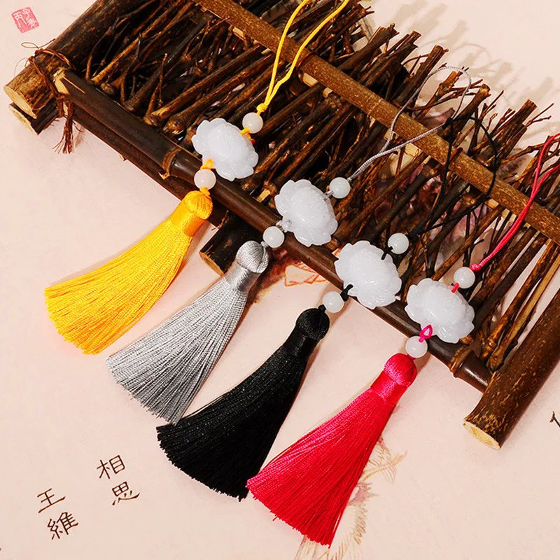 Short White Jade Lotus Mizuho Chinese Knot Tassels Pendant Antique Style Chinese Clothing Decorative Pendant Childrenswear Acces