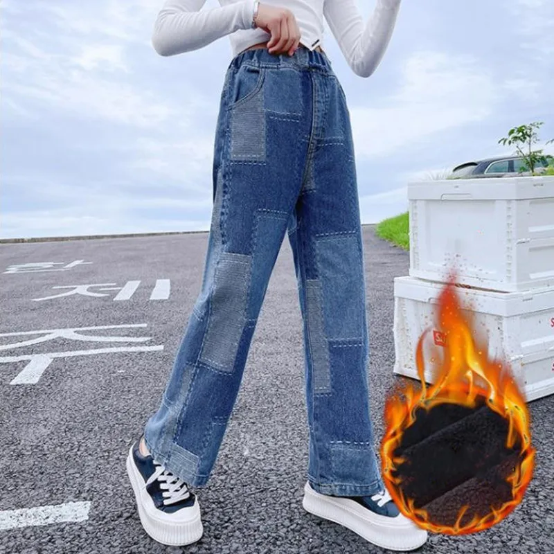 Teenage Girls Jeans 2021 Spring Fall Casual Fashion Loose Blue Kids Leg Wide Pants School Children Trousers 4 6 8 10 12 14 Years | Мать и