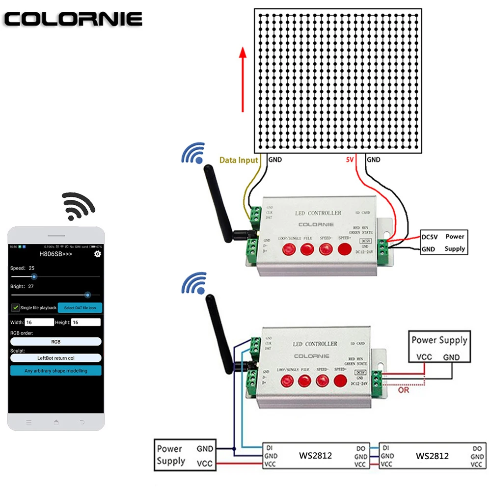

WIFI Led Controller WS2811 Led Strip RGB Controller SD Card SPI Controller 2048 Piexls DC5-24V RGB Controler
