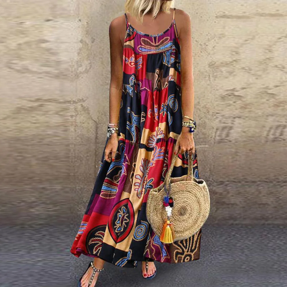 Women\\'s Sleeveless Round-Neck Holiday Beach Sling Print Dress 3 Colors Selected