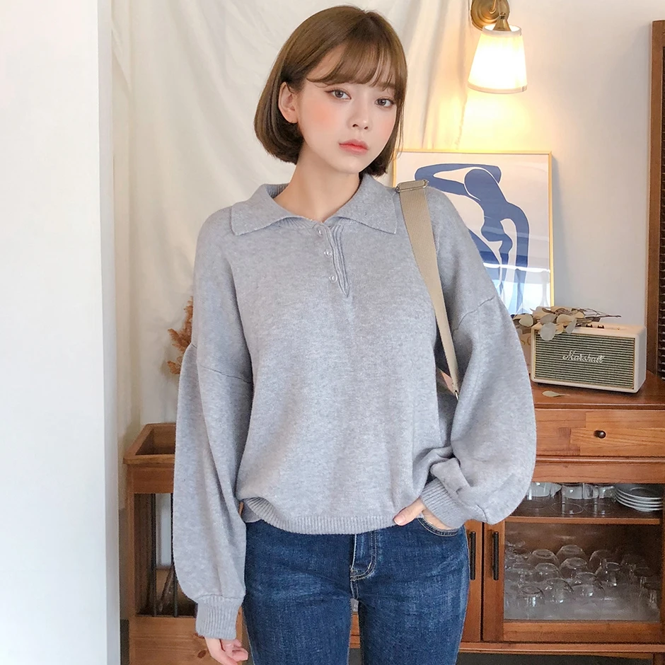

HAYBLST Brand Sweater Womens Fall 2019 Winter Casual Fashion Solid Tops Loose Kawaii Korean Style Long Sleeve Knitting Clothing