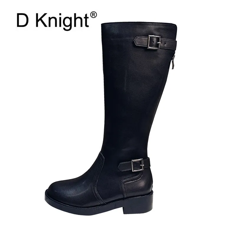 

D Knight British Style Knee High Boots Black Women Vintage Pu Leather Square Heel Zipper Knee Height Buckle Boot Round Toe Shoes
