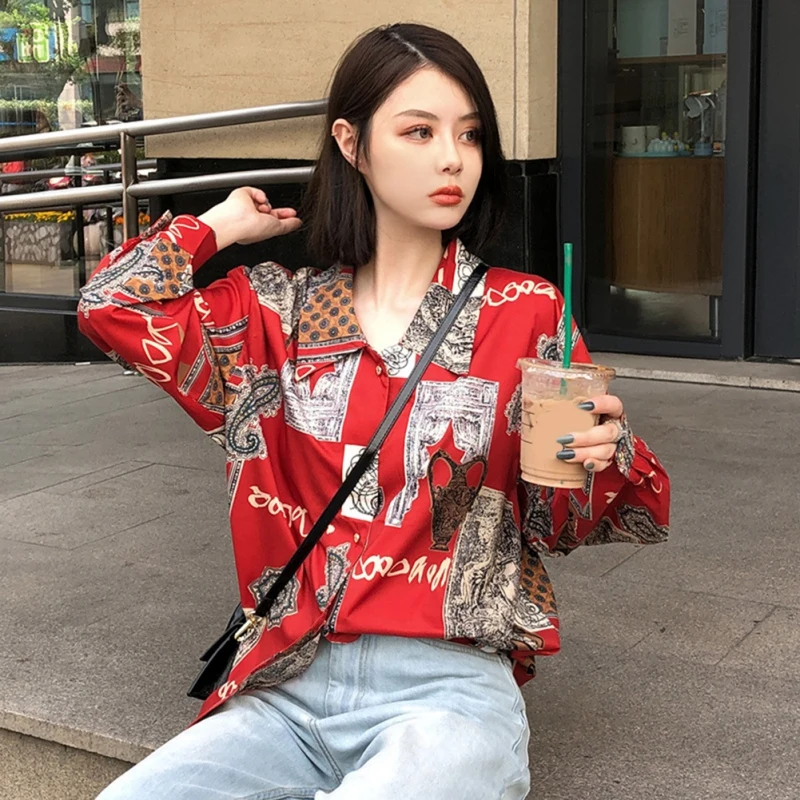 

Women Loose Blouse New Red Flower Shirt Spring And Autumn Fashion Retro Long-sleeved Loose Blouse American Style