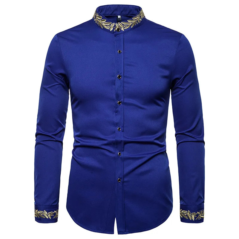 Осень Мужская Повседневная модная вышитая рубашка в западном стиле рубашка с вышитым воротником с длинными рукавами - Цвет: Sapphire blue