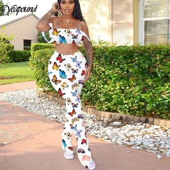 

Butterfly Print Two Piece Set Off Shoulder Tube Strapless Crop Top Split Ruched Split Pants Women Fashion Sexy Suit