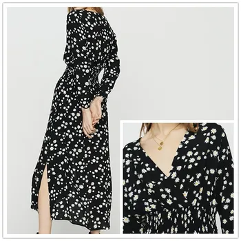 

Women Dress 2019 Spring and Summer Small Wrinkle Elegant Slim V-neck Long-sleeved Dress