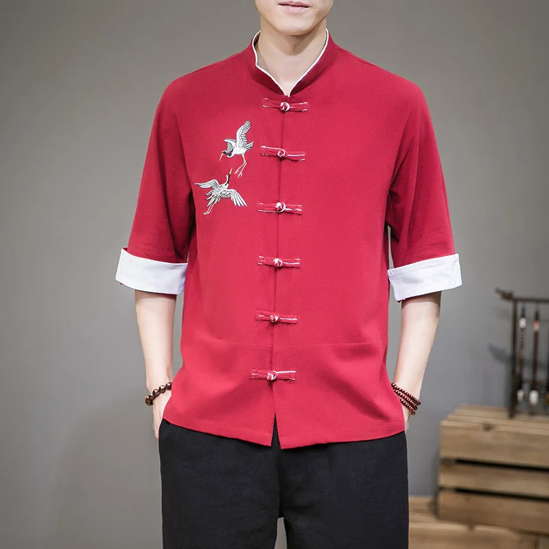 2022 New Chinese Style Mens Tops Tang Suit Linen 3/4 Sleeve Solid Traditional Kung Fu China Type Hanfu Shirt Plus Size 4XL 5XL |