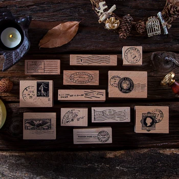 

12PCS/LOT antique postmark series stamp DIY wooden rubber stamps for scrapbooking stationery scrapbooking standard stamp