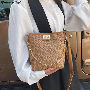 

Small Women's Bag Summer Bucket Chains Shoulder Cross Body Bags Ladies Vintage Knitting Straw Woven Bags Female Messenger Bag