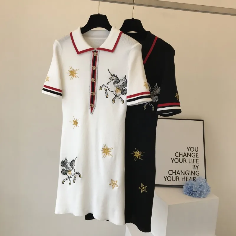 ALPHALMODA Французский Ретро Вышивка узор платье поло воротник с коротким рукавом 2019