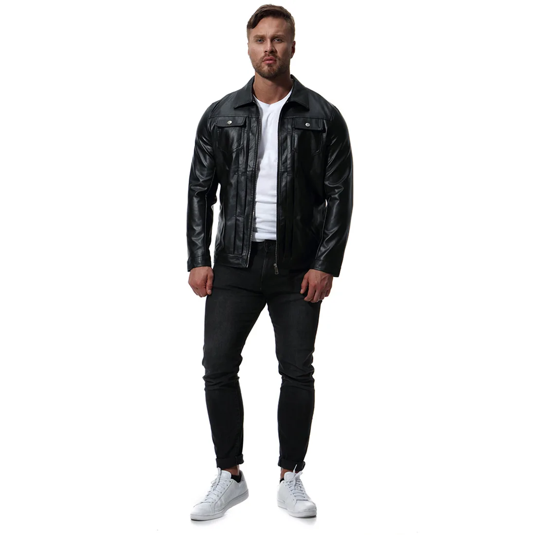 Autumn New Style Europe And America Fashion-Washing Locomotive Leather Coat Fold-down Collar PU Leather Jacket Sportsman Coat Xb