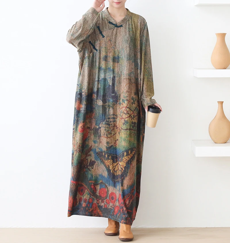 New Autumn Maxi Dresses for Women Vintage Loose Long Sleeve Dress Women Knitting RetroRabbit Hair Printed Robe Winter Vestidos