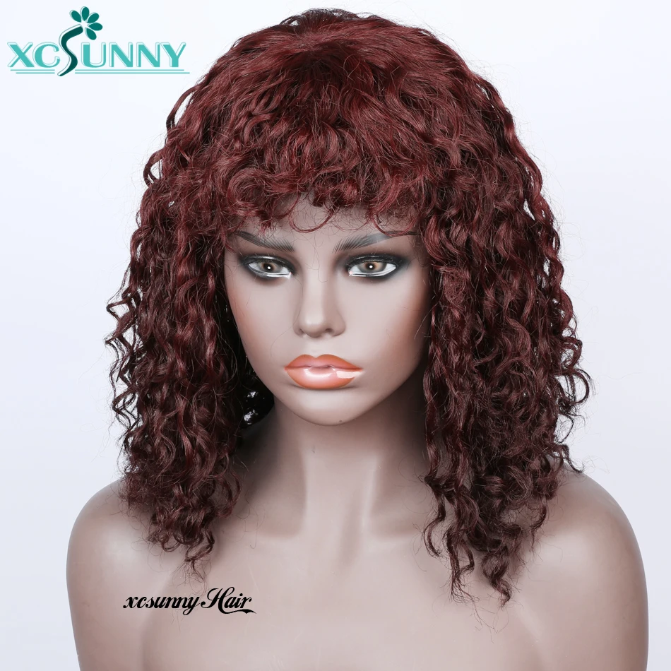 Curly Red Wig Human Hair Wig With Bangs Colored 99J Full Machine Made Wig Remy Brazilian  Jerry Curl 16