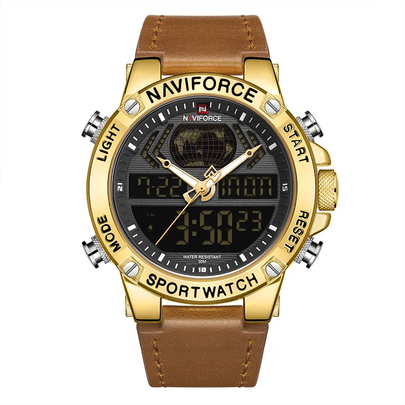 NAVIFORCE Роскошные Брендовые мужские спортивные часы мужские кварцевые светодиодный цифровые часы мужские кожаные военные наручные часы Relogio Masculino - Цвет: Gold