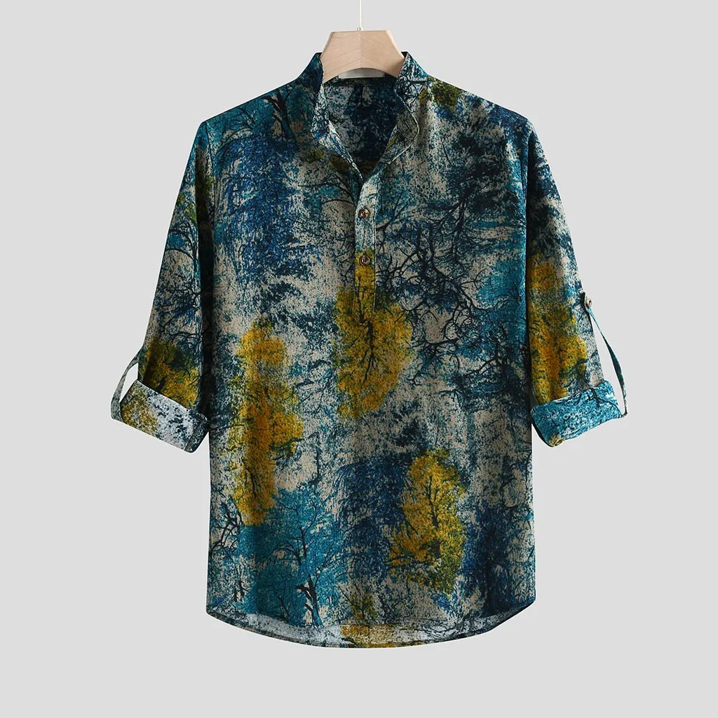 Shirt Men Turn-Down Collar Casual Printing Vintage Slim Casual Hawaiian Shirt Men Long Sleeve Dress Shirt Blouse Tops Daily