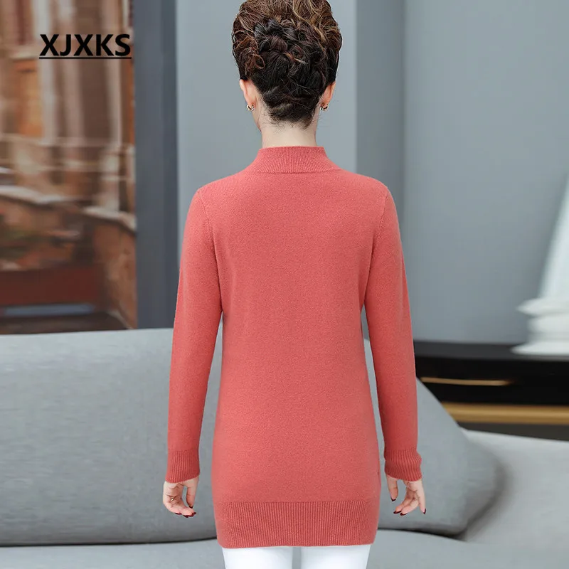 XJXKS winter new high-end wool women knitted dress loose plus size comfortable casual women turtleneck sweater
