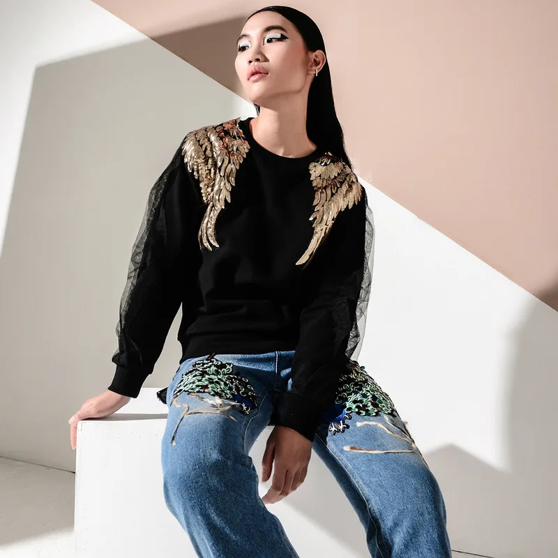 

Pullover Punk Mesh Stitching 2019 Spring Vintage Regular Pullovers Women Sheet Metal Wing Long Sleeve Woman Tops Female PP057