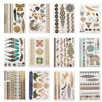 

Flash Metallic Waterproof Tattoo Gold Silver Women Fashion Henna /Peacock Feather Design Temporary Tattoo Stick Paster