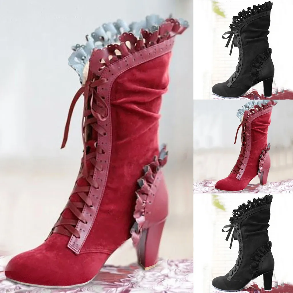 

Jaycosin 2019 Women's Large Size High-Heel Cross-Strap Large Size Boot Lace-Up Mid-Boot Shoes New Winter Zapatos Mujer#Aug P30