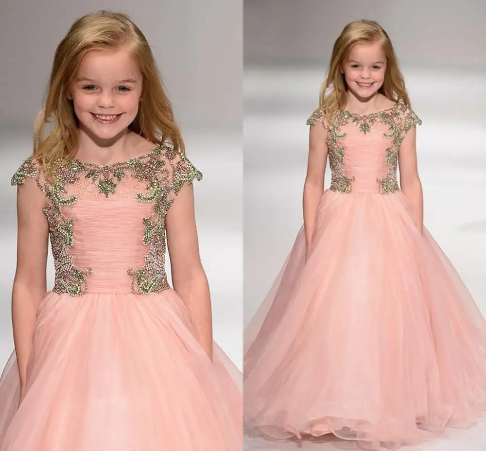 

Blush Pink A-Line Girls Prom Pageant Gown with Cap Sleeves Beaded Lace Top Tulle Kids Clothes for Party Custom Made