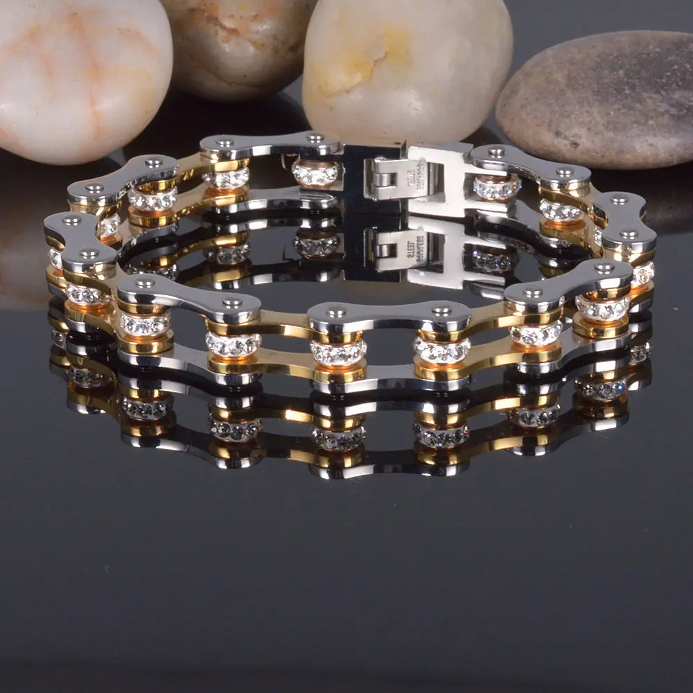 Модный женский и мужской серебряный золотой браслет из нержавеющей стали велосипедная цепь панк Рок мотоцикл цепь браслет ювелирные изделия 22 см