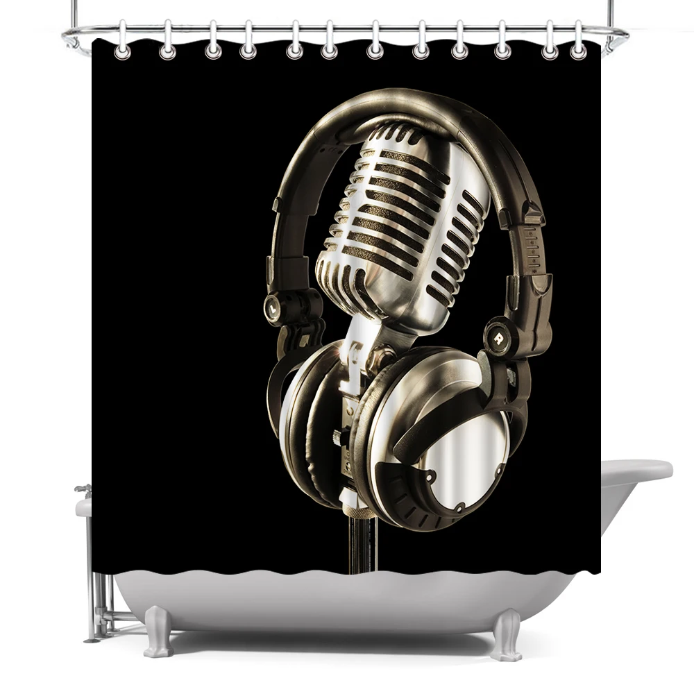 

Music Shower Curtain Musical Instrument Microphone Close-up Image Bath Curtain Cloth Fabric with Hooks 72x72inch Black and White