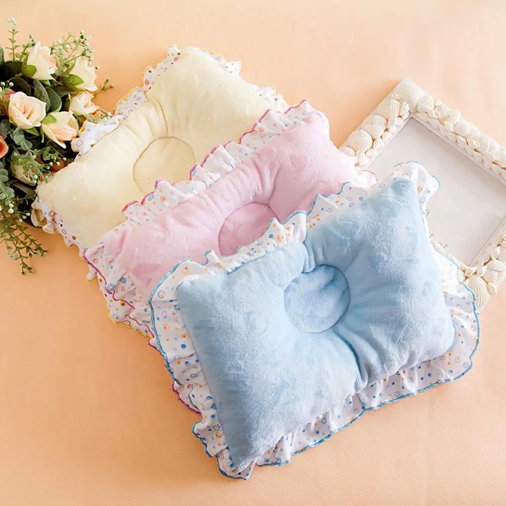 Almohada para recién nacido, cojín de soporte de algodón y terciopelo con volantes y cabeza plana