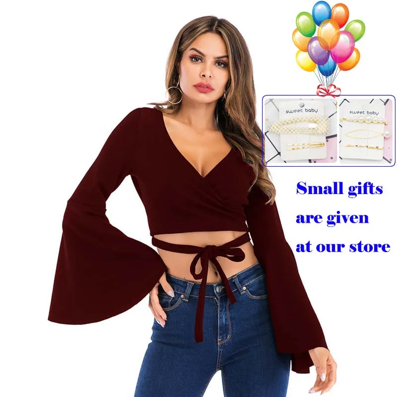 

Free shipped New V-neck trumpet long sleeve tied umbilical jacket for women in 2019 cotton pagoda sleeve femme Hot style