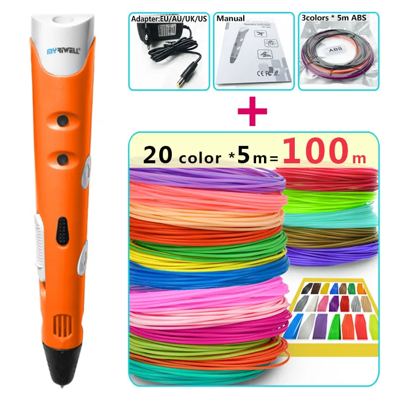and 20 color 5m silk Myriwell 3d Ручка 3d ручки, 1,75 мм ABS/PLA нити, 3 d pen3d модель, лучший подарок для детей, 3d Рисунок pen-3d - Цвет: and 20 color 5m silk