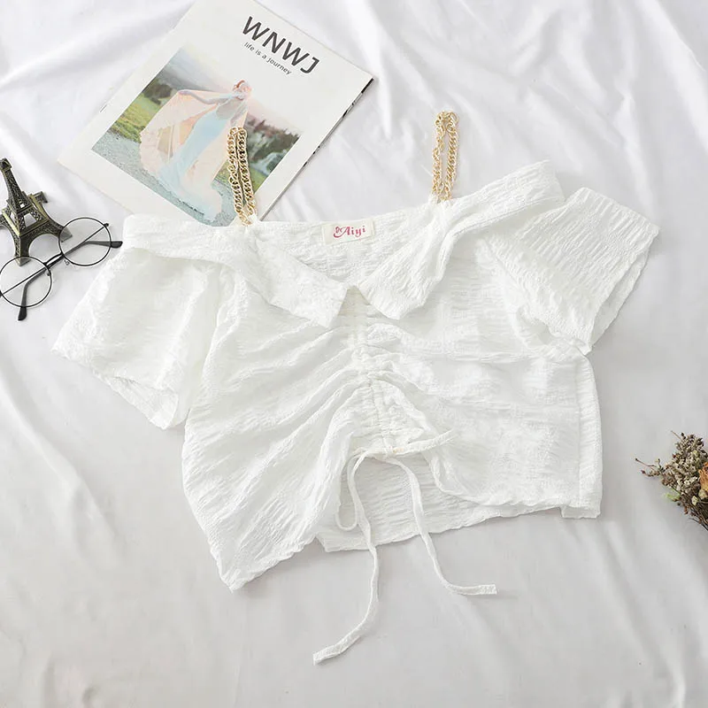 WHITE Heliar летняя Джокер с тонкими лямками одно слово воротник открытый плечо Drawstring рубашка с поясом с коротким рукавом и оборками Женская короткая рубашка - Цвет: WHITE