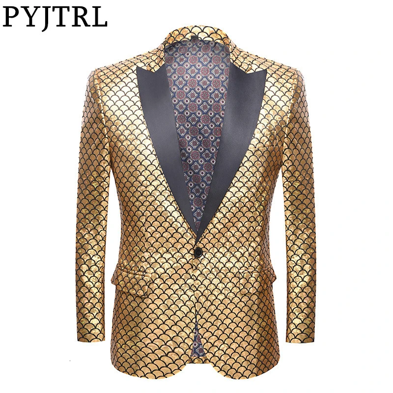 PYJTRL Мужской Блейзер Дизайн Мода Золотой узор Slim Fit пиджак диджей ночной клуб